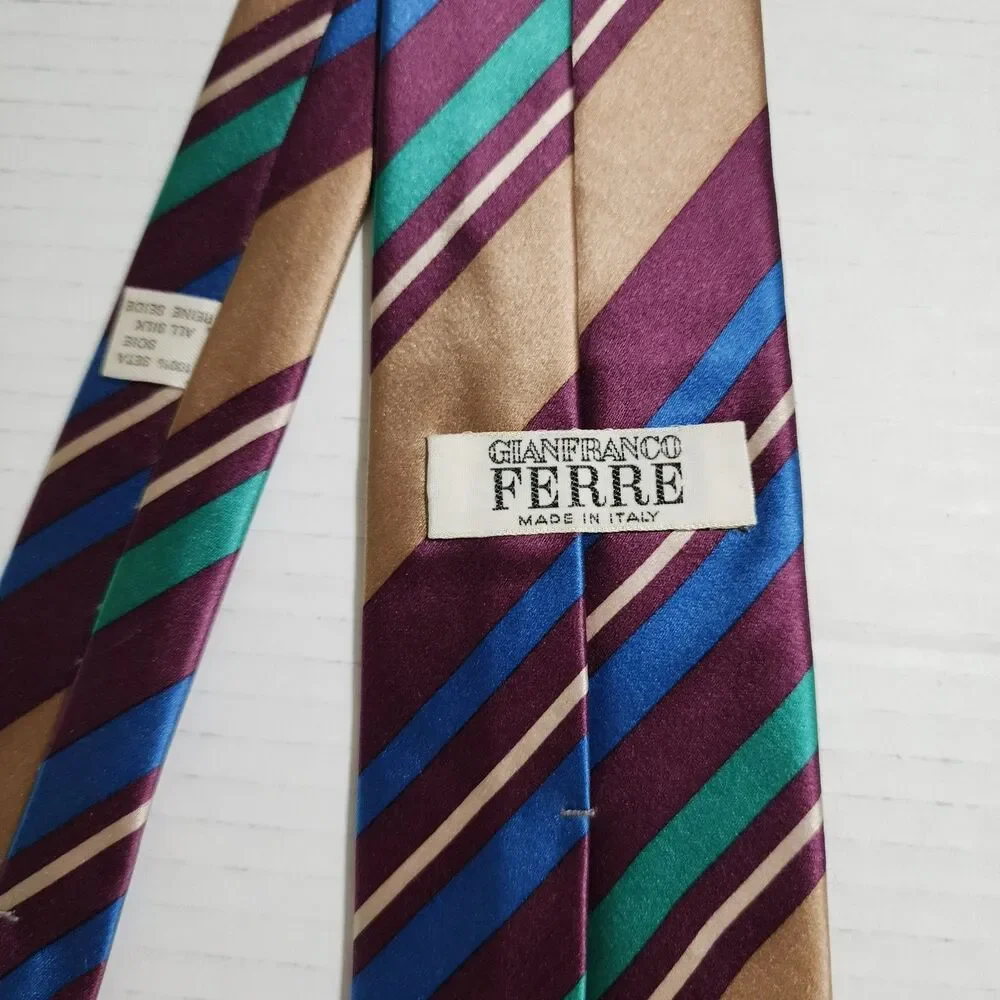 Gianfranco Ferre Italy Mens Silk Tie Beige Red Blue Green Striped Logo 3x55 Neck